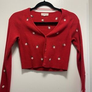 L.A. Hearts Embroidered Daisy Knit Cardigan – Red